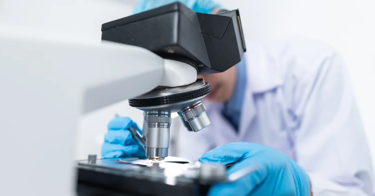 A scientist examines a sample through a microscope in a laboratory.