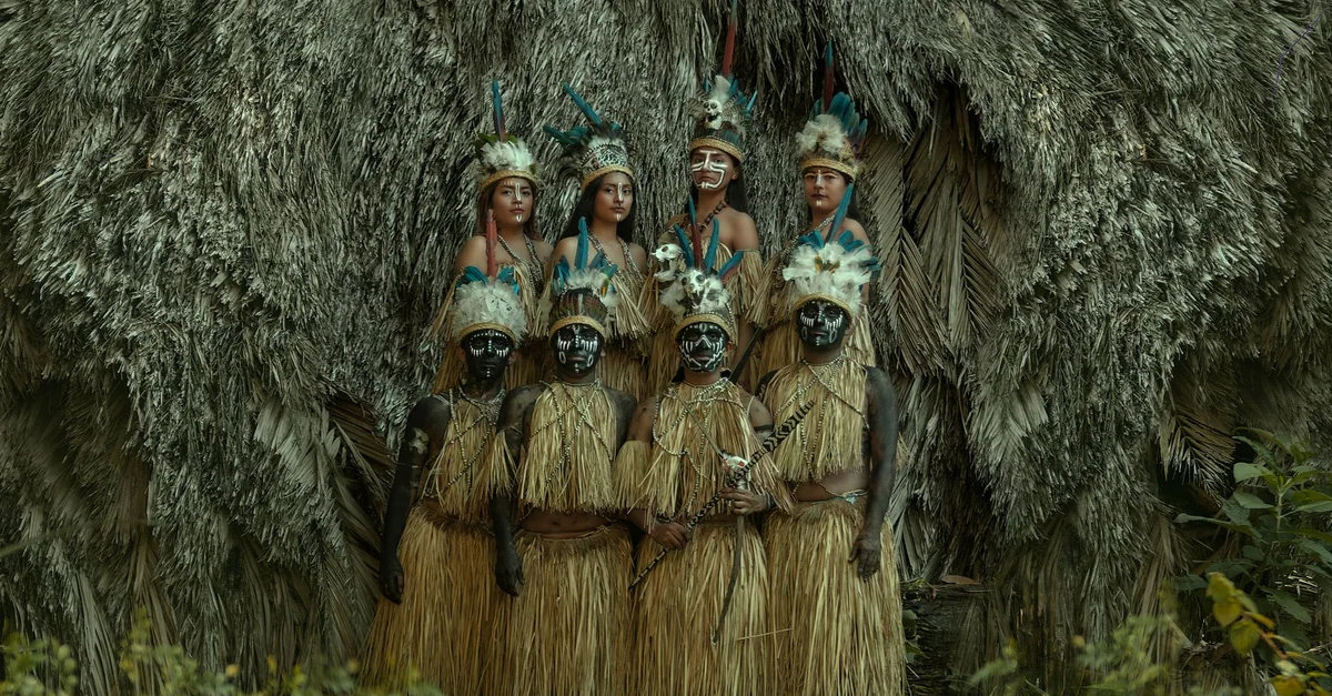A group dressed in traditional Amazonian costumes, set in Tingo María, capturing Peru's rich cultural heritage.