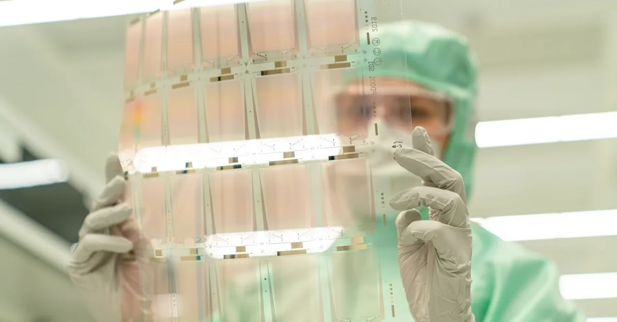 Scientist in protective gear holding a transparent test sheet in a laboratory.